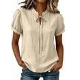thumbnail image 3 of VBVC Women's Cotton-Linen Puff Sleeve Blouse , Ladies' Tie Keyhole Neck Short Sleeve Top , Casual Loose Fit Summer Shirts For Women,Khaki,S-2XL, 3 of 10