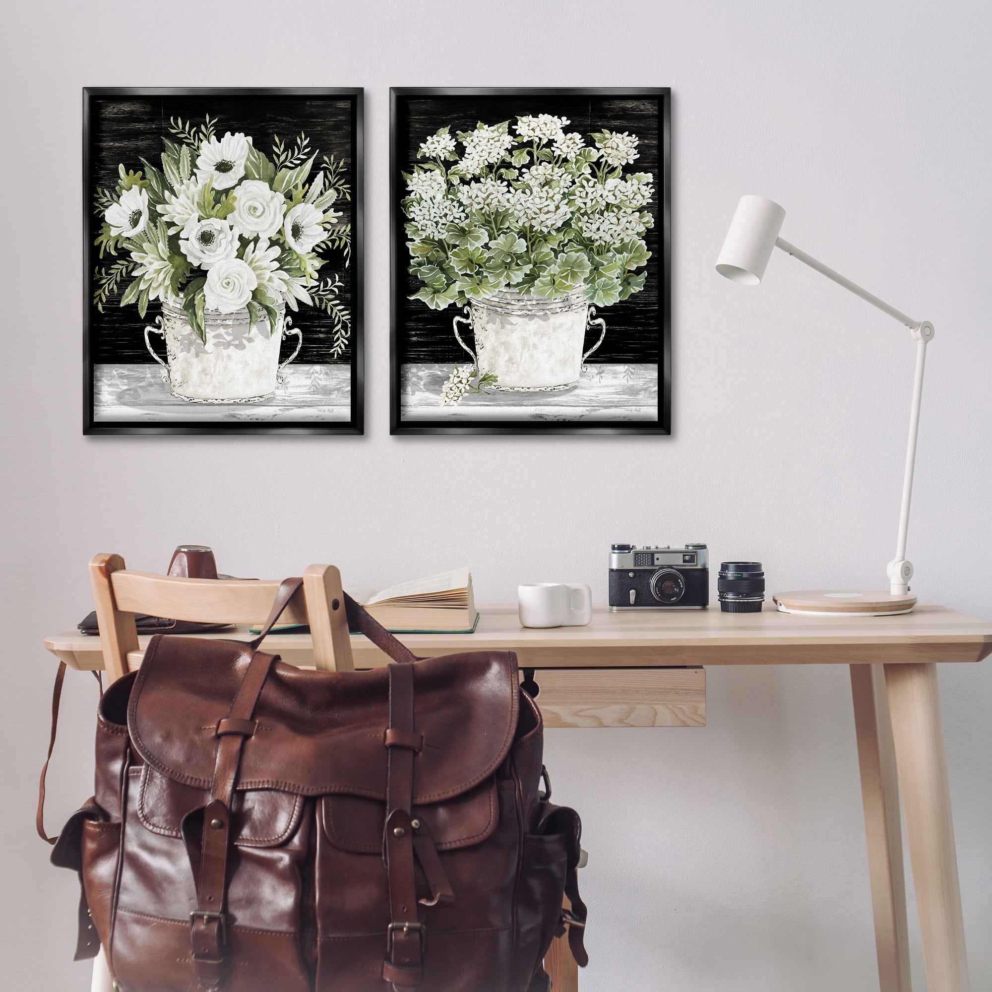 Stupell Industries Country Tins of Flowers Floral & Botanical Painting Black Floater Framed Canvas Art Print Wall Art, 31 x 25, Set of 2