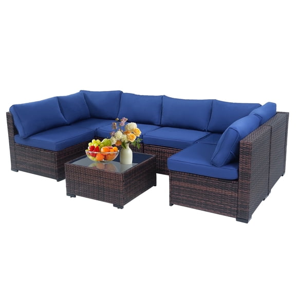 AstrPthylx 7-Piece Patio Sectional Set with Coffee Table, All-Weather Outdoor PE Rattan L-Shaped Sofa & Cushions for Garden, Backyard (Blue)