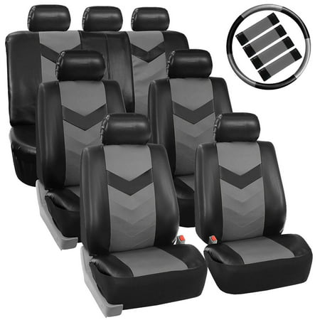 FH Group Synthetic Leather Auto Seat Cover, 7 Seater SUV VAN Full Set With Steering and Belt Pads, Black and