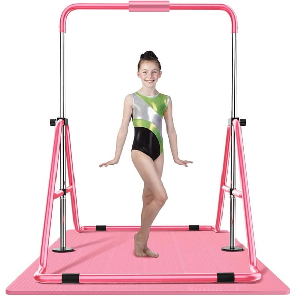 ZENOVA Gymnastics Bar Kids with Mat, Junior Training Bar, Height Adjustable Horizontal Bars, Folding Gymnastics Bars Monkey Bars for Kids, Pink