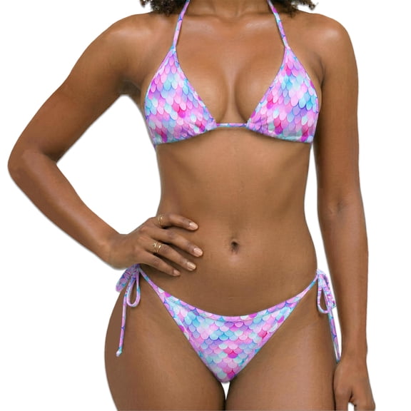 Women Two Piece Bikini Swimsuit, Mermaid Scale Print Halter Triangle Sets with Removable Padding, Tie Side Bottom