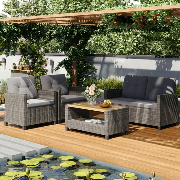 4-Piece Rattan Patio Furniture Set with 2-Tier Coffee Table, Perfect for Porch Balcony Backyard Deck