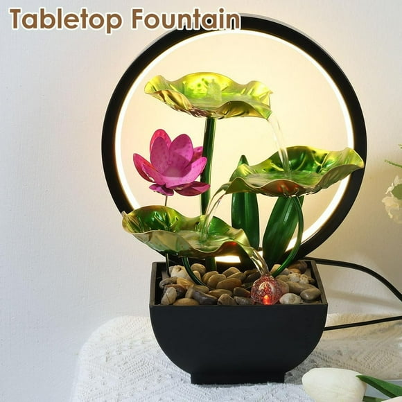YOPTOP Tabletop Fountain 3-Tiers Lotus Leaf Small Waterfall Fountains Indoor Water Fountain with Rocks and LED Ring Lights Desktop Fountains for Meditation Relaxation