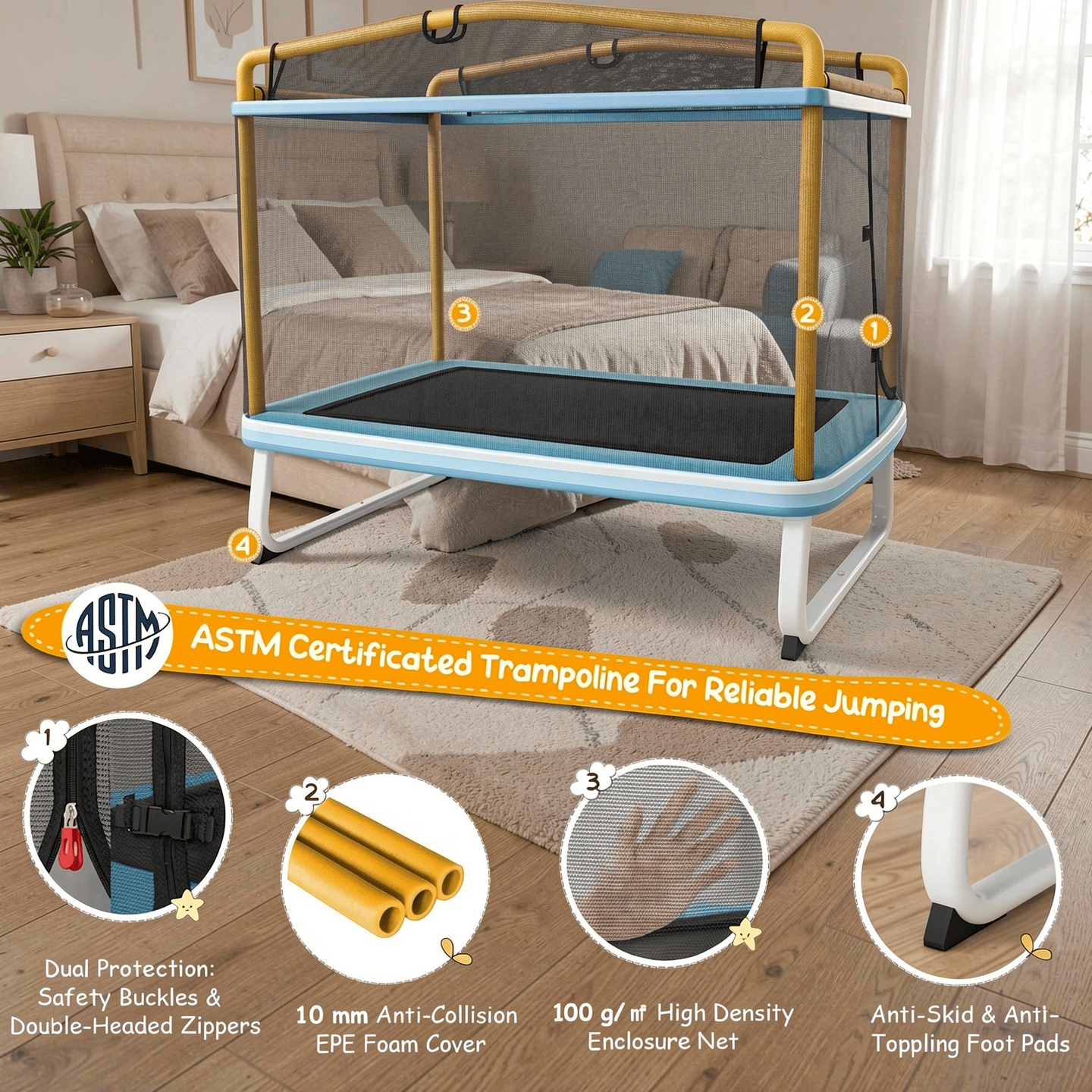 Redsmile 6 Feet Rectangle Trampoline with Swing Horizontal Bar and Safety Net-Yellow - Premium PE Safety Enclosure for Kids Outdoor Play