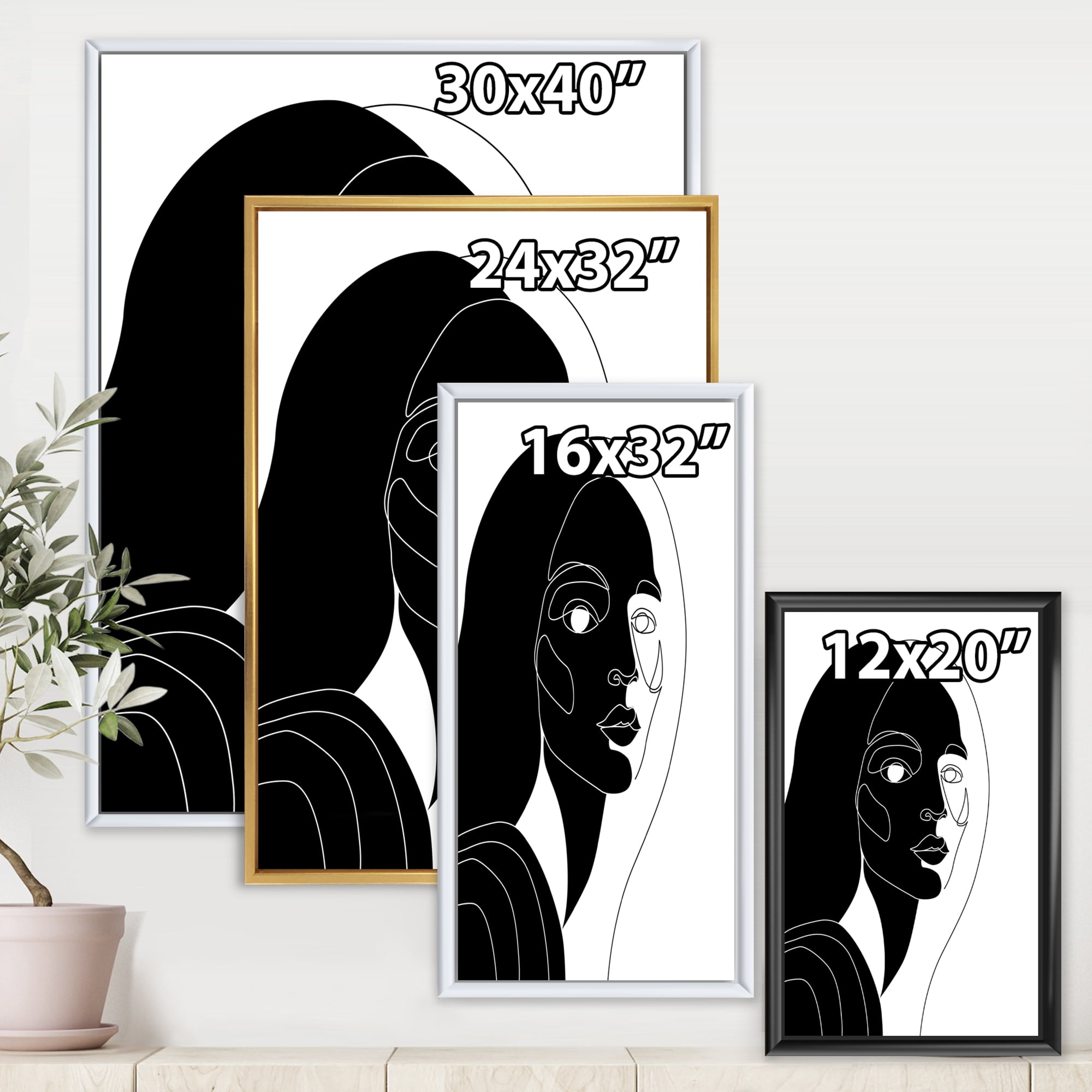 Designart 'Retro Black and White Minimal Portrait of Young Girl' Modern Framed Canvas Wall Art Print