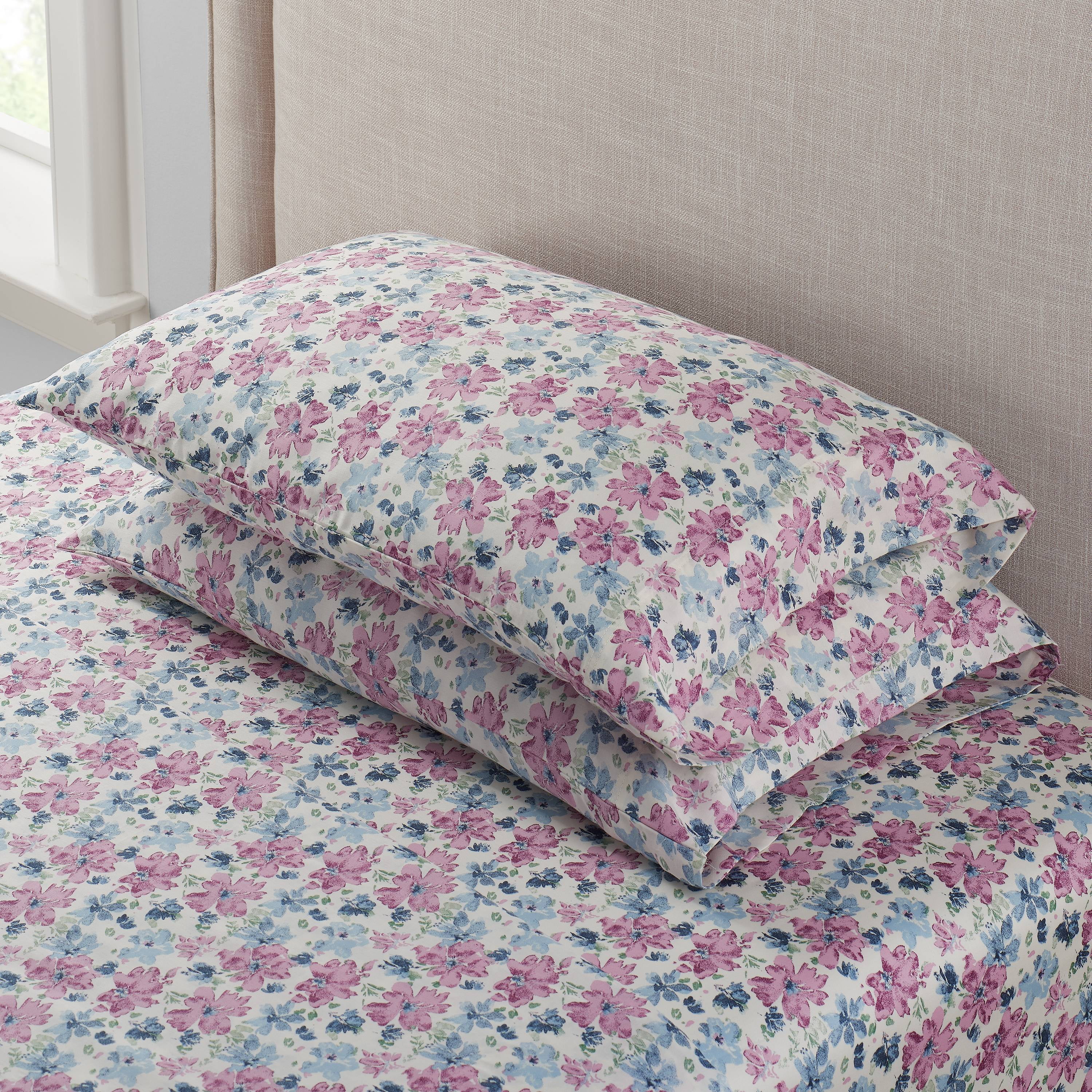 Better Homes & Gardens 300 Thread Count Purple Floral Cotton Sateen Pillowcases, Queen, 2