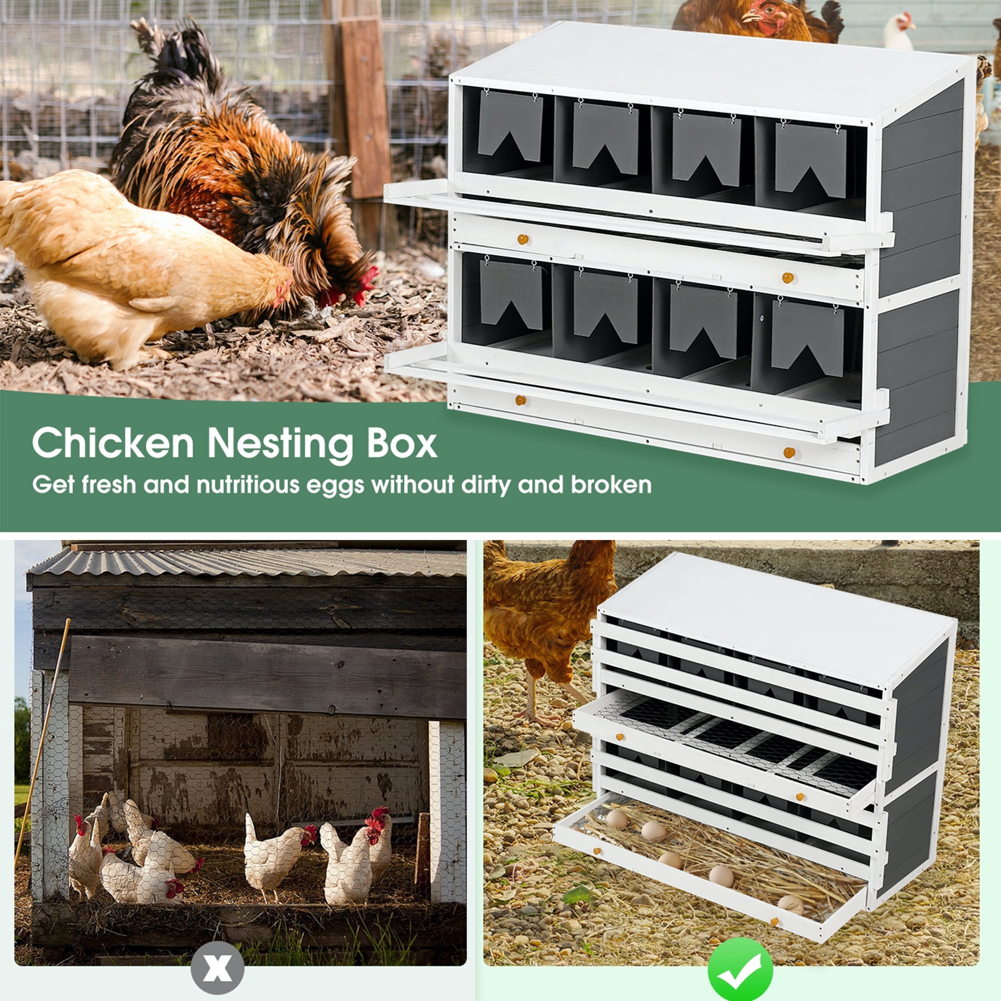 Pefilos 47" Wood 8 Compartments Egg Laying Boxes for Hens, Chicken Nesting Box for Laying Eggs with 2 Roll Out Egg Collection Drawers, Gray Pefilos 47" Wood 8 Compartments Egg Laying Boxes for Hens, Chicken Nesting Box for Laying Eggs with 2 Roll Out Egg Collection Drawers, Gray