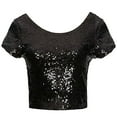 thumbnail image 3 of DuoJiaJ Fashion Women Sexy O-Neck Solid Sequins Short Sleeve Short Navel Top Blouse Tee Womenâs -Free Button-Down Shirts Black, 3 of 5