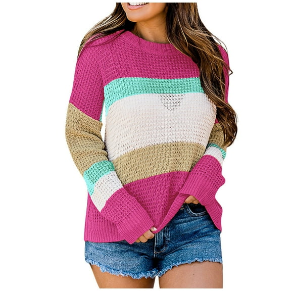 2025 Clearance! Womens Clearance asdoklhq Womens Plus Size Clearance,Stripes Patchrk Long Sleeves Casual Sweater Blouse Tops