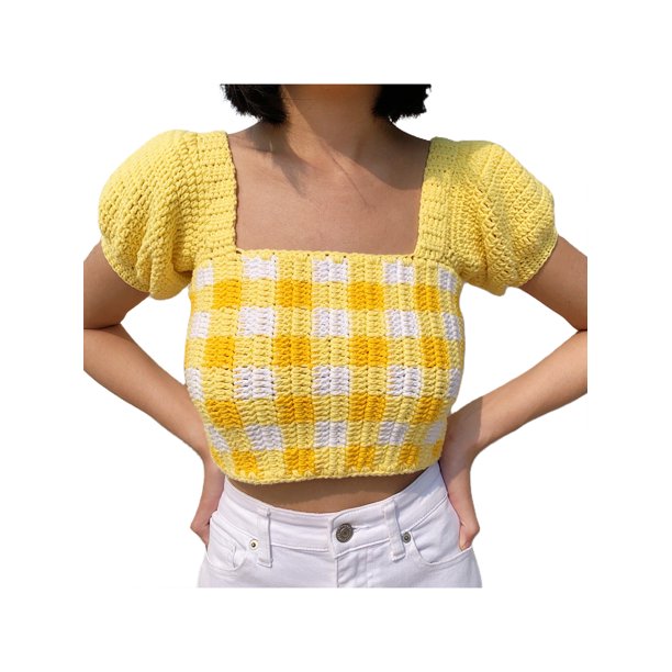 Sunloudy Tops cortos para mujer, cuello cuadrado, manga corta, contraste de color, estampado a cuadros, suéter, camisa de punto para damas jóvenes Sunloudy S M L
