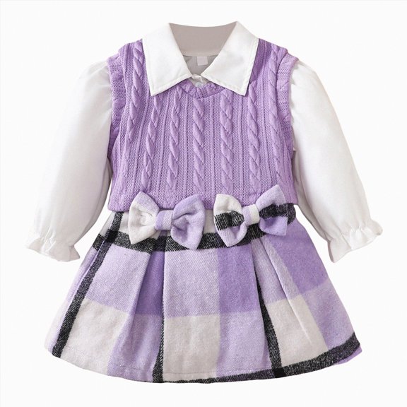 UAYOTSE Girl's 3 Piece Outfit Flounce Sleeve Button Down Shirt V Neck Sweater Vest Plaid Skirt Set,Sizes 4-5 Years
