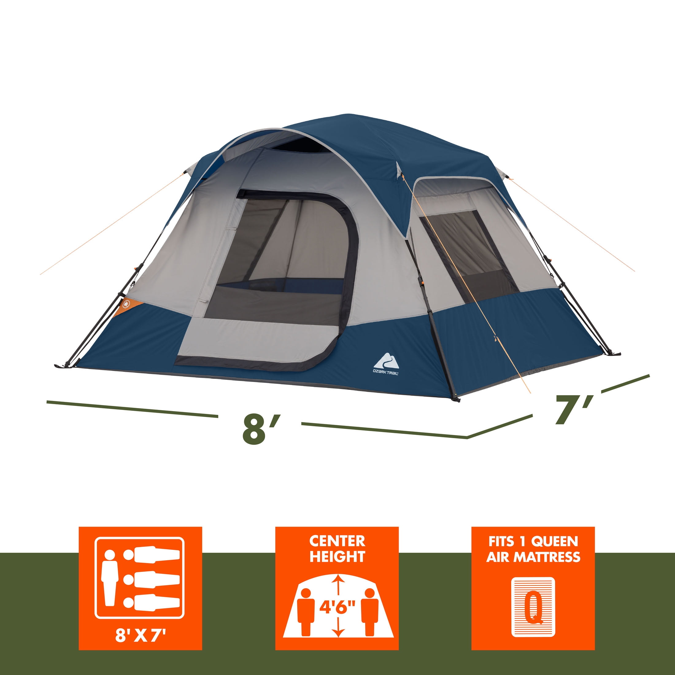 Ozark Trail 4 Person Family Instant Cabin Tent, 8' x 7' x 54", made with recycled materials, blue