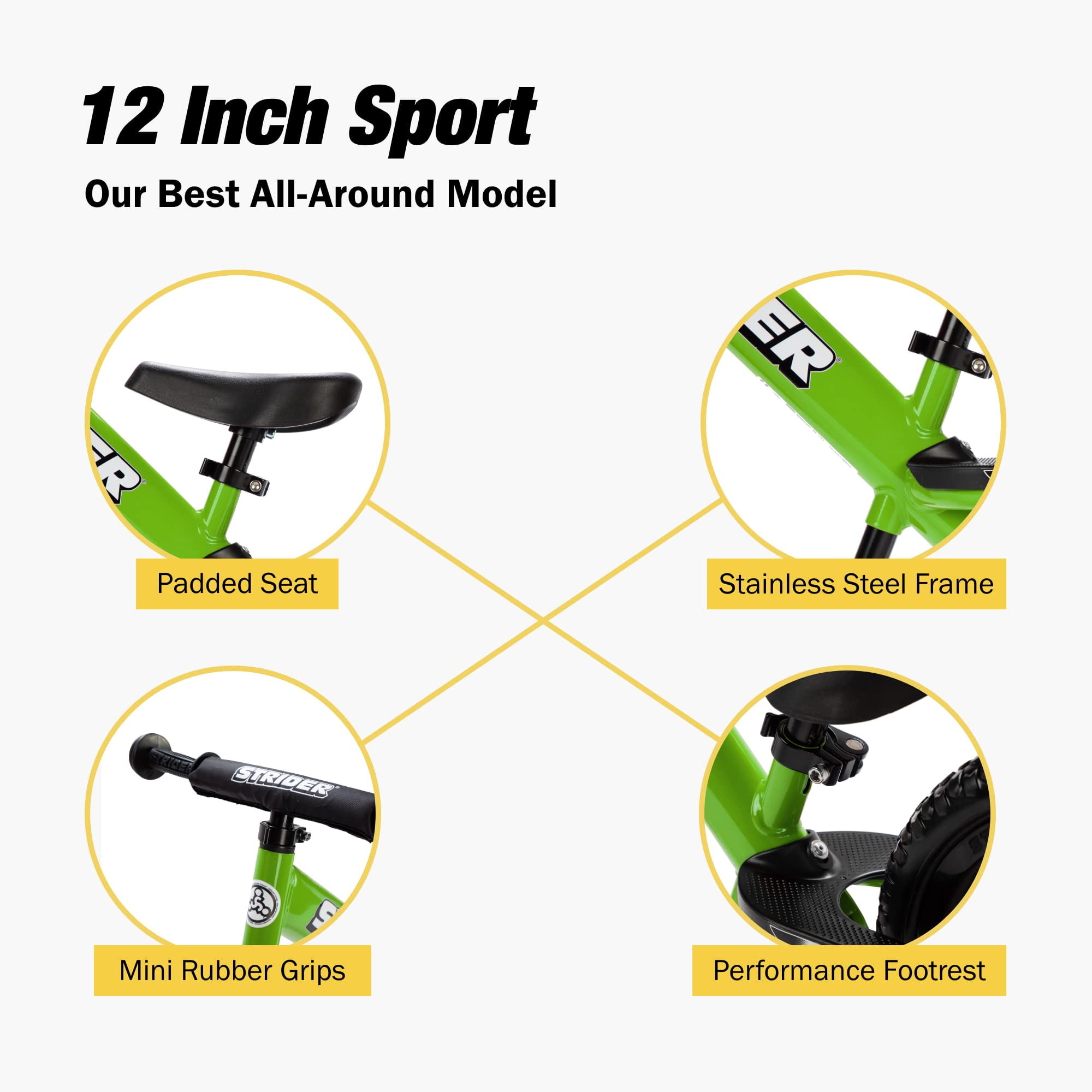 Strider 12” Sport Bike, Green - No Pedal Balance Bicycle for Kids