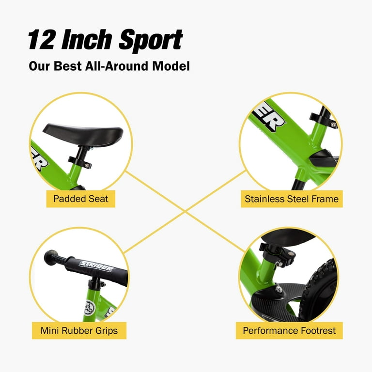 Strider 12” Sport Bike, Green - No Pedal Balance Bicycle for Kids