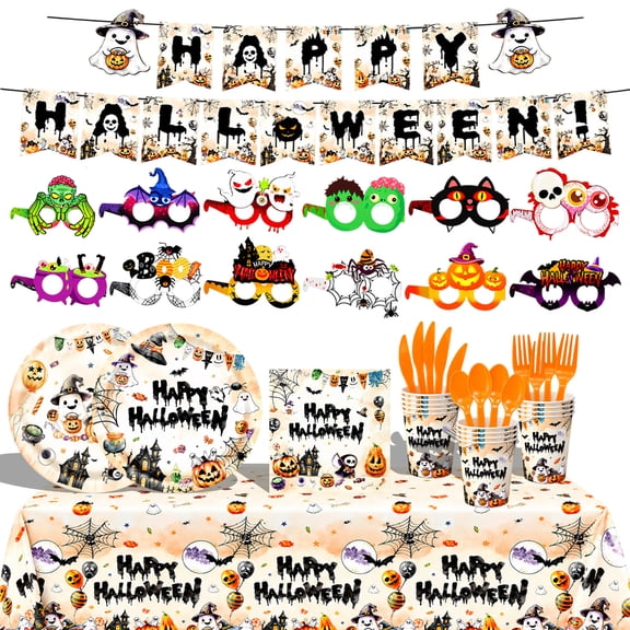 Yhh 120PC Halloween Party Decorations Set, Pumpkin Ghost Theme Party Supplies with Plates, Cups, Napkins, Table Cover and Masks for Birthday Parties