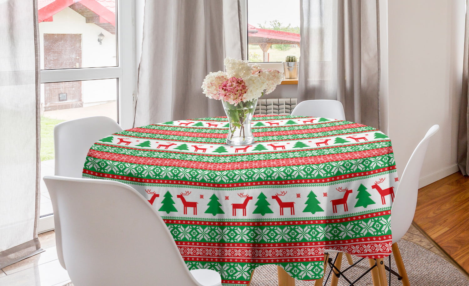 Christmas Round Tablecloth, Knit Style Graphic Reindeer Star and ...
