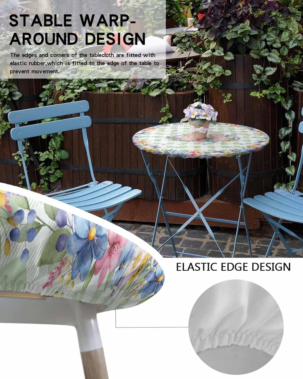Happy Easter Fitted Round Tablecloth Bunny Tail Spring Flower Waterproof Oilproof Table Cloth with Elastic Edge Green Checker Table Covers for Indoor Outdoor Tables Decor Fits 36"-44",Small