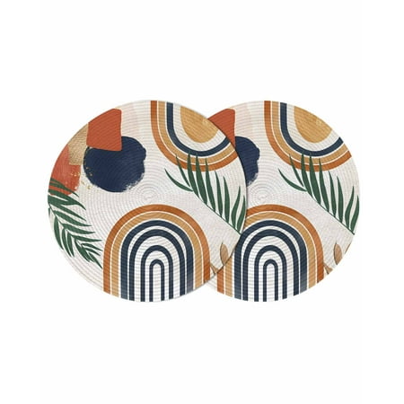 Bohemian Nordic Round 15 Inch Placemats Set of 2 Abstract Art Coconut Palm Leaves HeatResistant Non Slip Place Mats for Dining Table Wipeable Braided Kitchen Table Mats for Housewarming