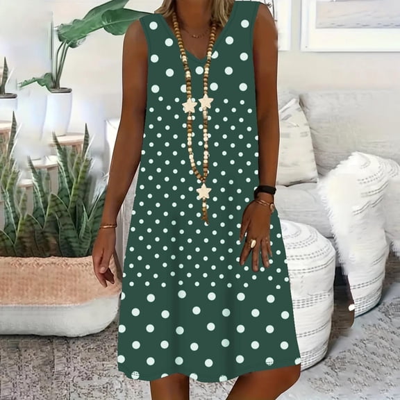 Bnwani Women's Dresses,Summer Dresses,V-Neck,Polka Dot,Printed,Sleeveless,Green,L