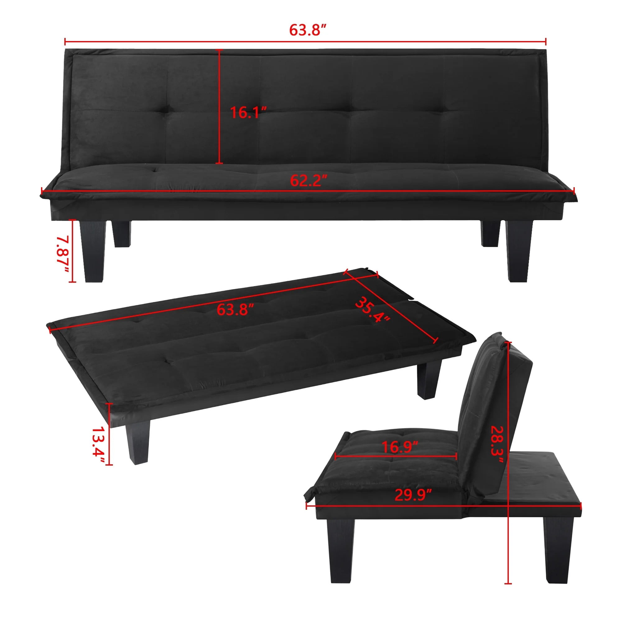 HOQBN Futon Sofa Bed,Modern Faux Suede Convertible Sleeper Sofa Bed with 3 Adjustable Backrest Angles,Upholstered Couch Loveseat for Apartment,Living Room,Small Space,Black