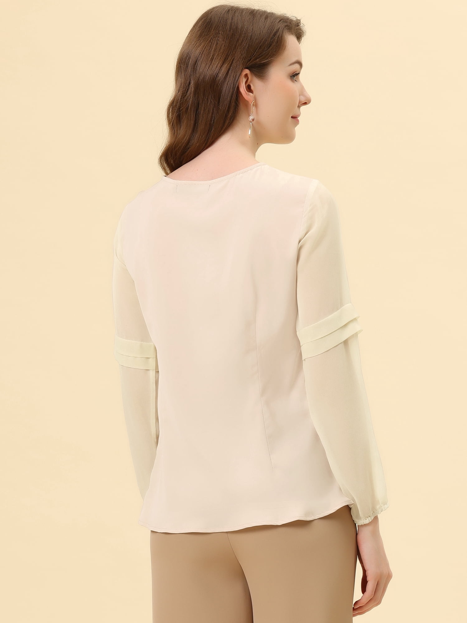 DARING DIVA Chiffon Semi Sheer Long Sleeves Keyhole Neck Blouse XL Apricot