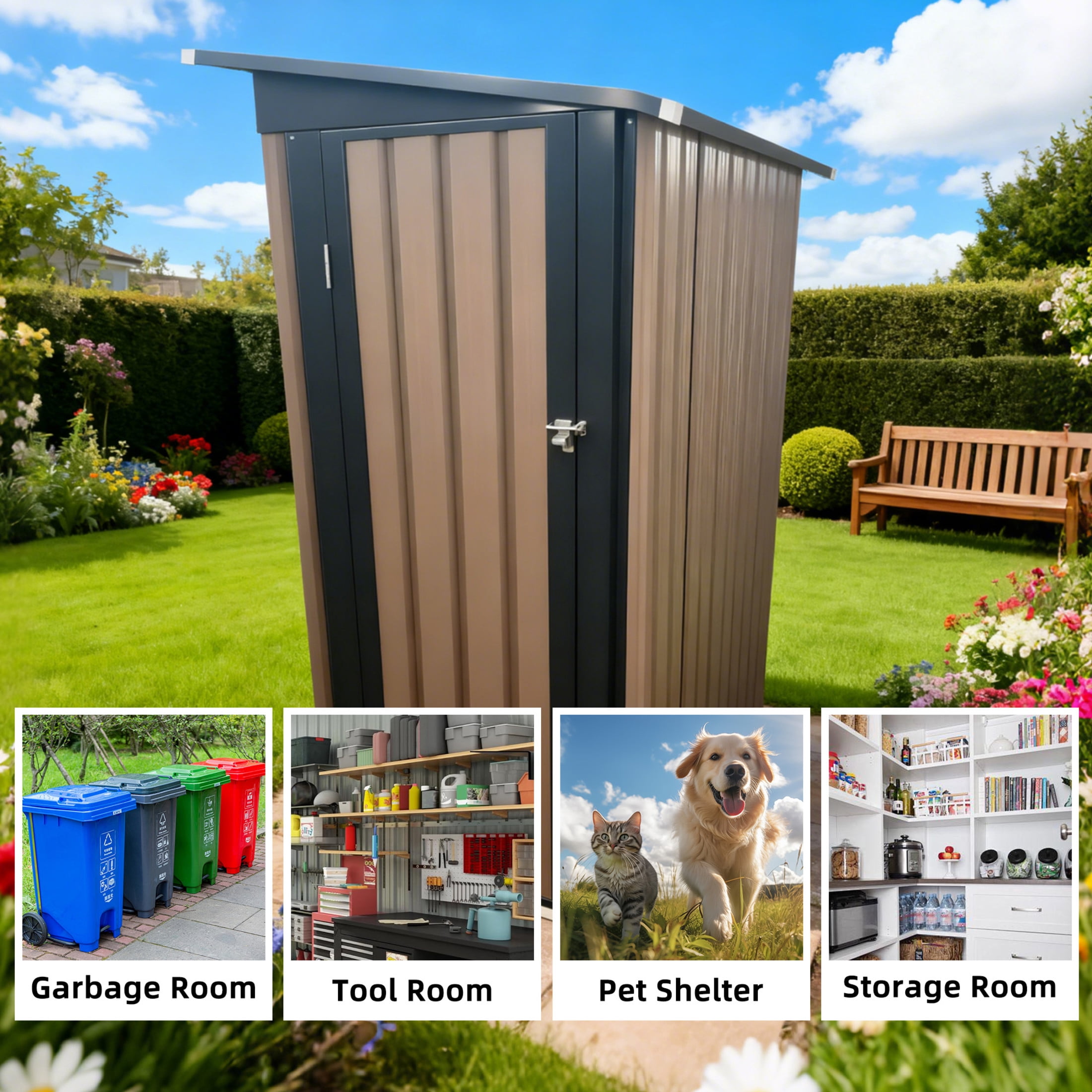 Noble House 4x2 FT Metal Outdoor Garden Shed, Galvanized Steel Storage House with Window & Hinged Door, Black & Brown