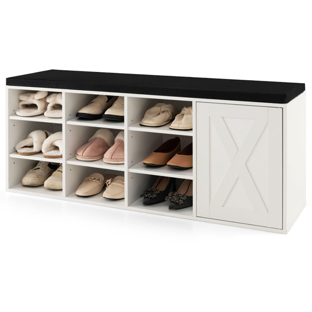 Resenkos 9-cube Shoe Bench with Adjustable Shelves and Removable Padded Cushion-White, Space-Saving Shoe Rack Organizer for Closet Entryway