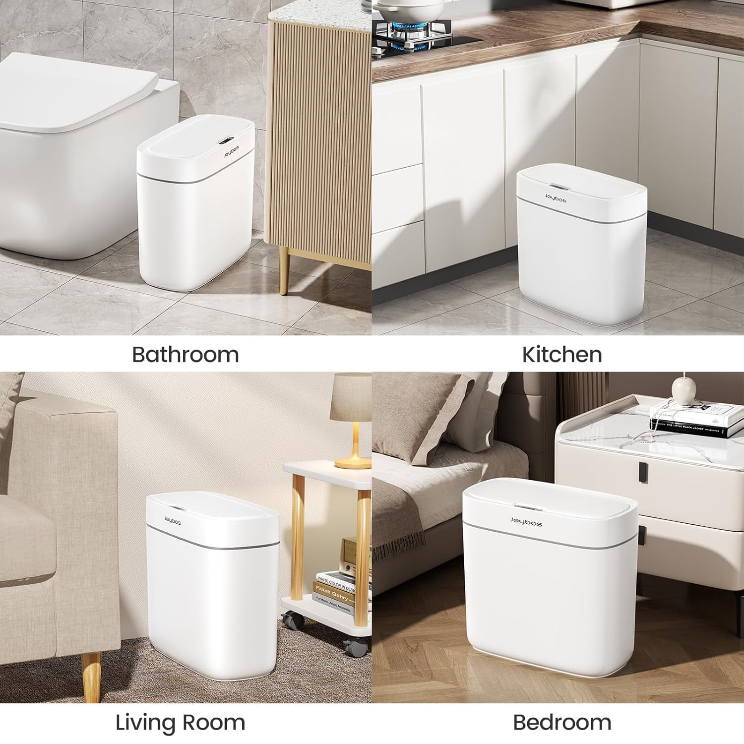 Joybos 3.5 Gal Touchless Motion Sensor Trash Can, Waterproof Slim Plastic Garbage Bin with Lid for Bathroom Bedroom Kitchen Office