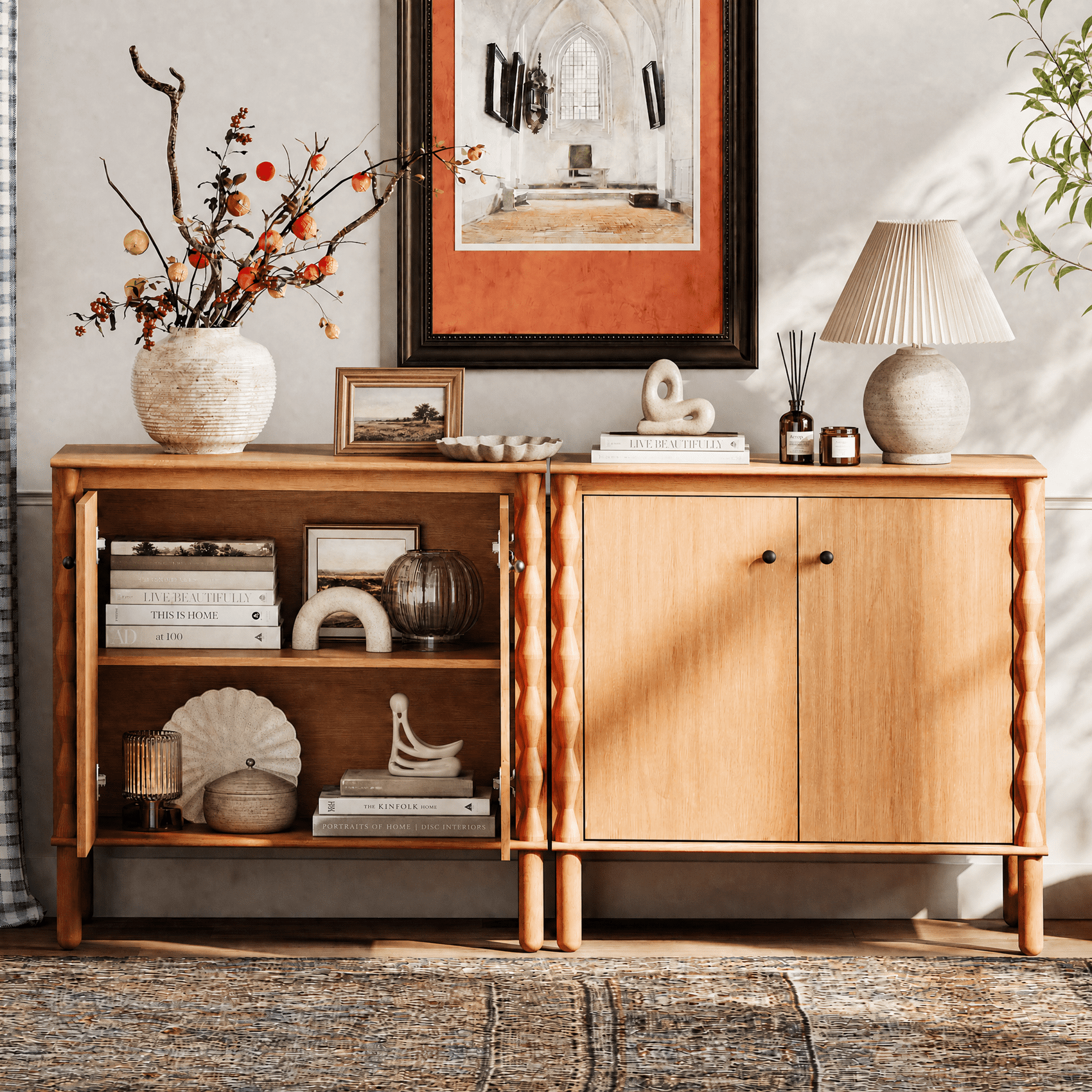 WAMPAT TV Stand for 65" TV，Media Console Table with Adjustable Shelf & Soft-Close Doors，Walnut