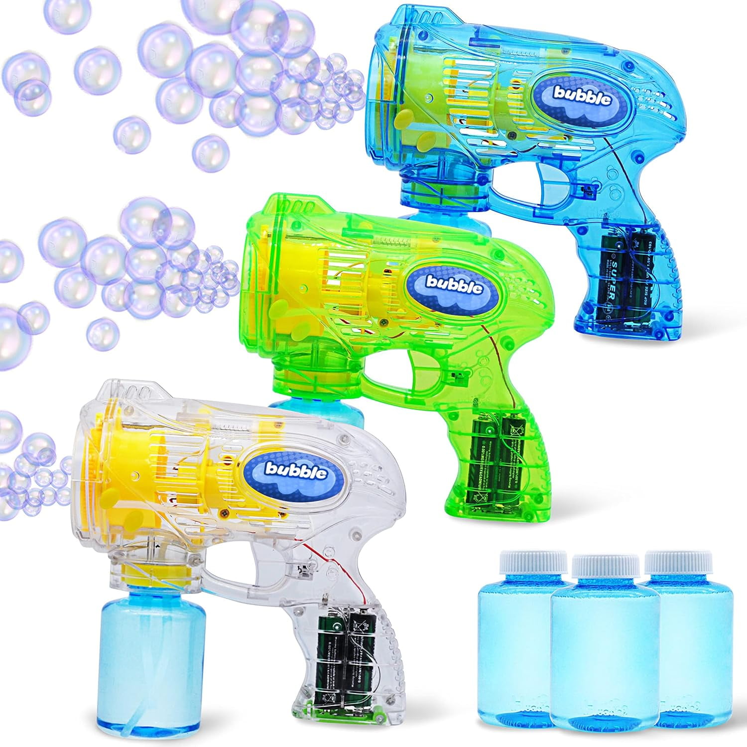 SYNCFUN Bubble Guns for Kids (3-Pack) – Transparent Bubble Blasters with 3 Bottles of Solution, Easter Basket Stuffers & Outdoor Toys