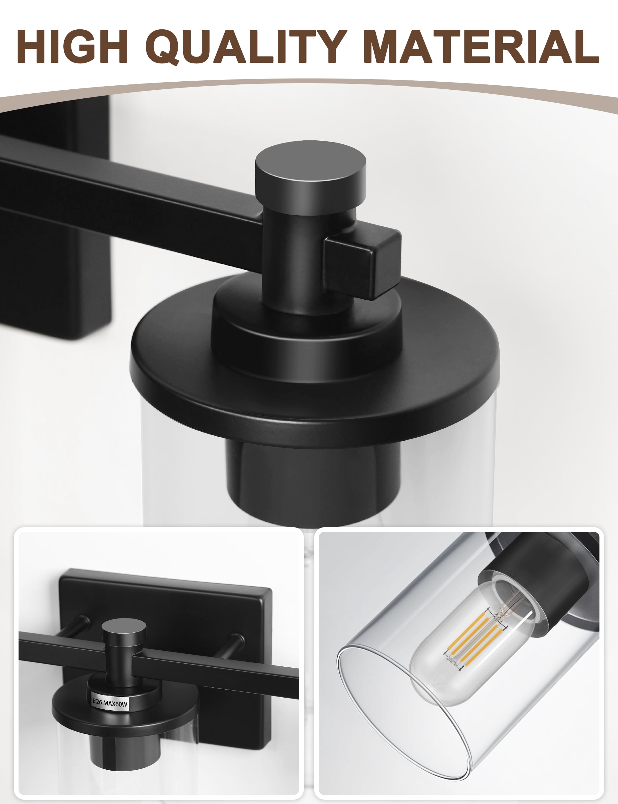 YANSUN 19 in 3-Light Black Vanity Light Bar with Clear Glass Shades E26 Base for Bathroom Mirror, Hallway, Entryway