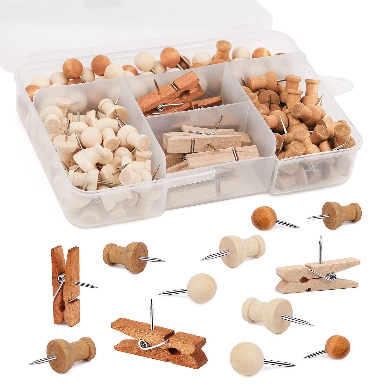 162 Pieces Wooden Push Pins Set with Storage Box,Thumb Tacks Push Pins