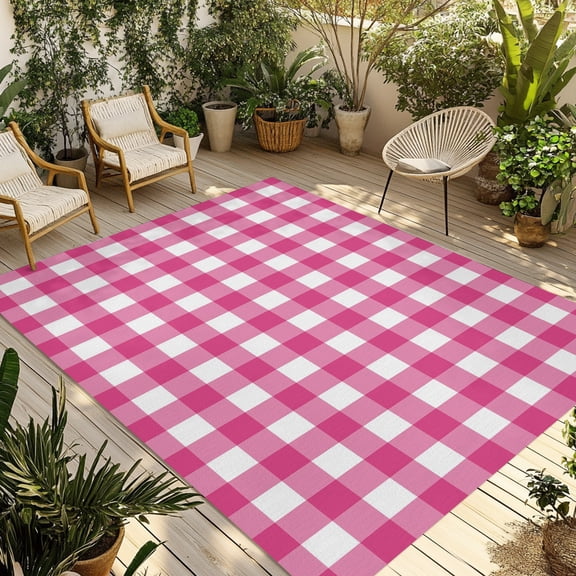 Hot Pink Checks Outdoor Rug, Gingham Plaid Abstract Modern Minimalist Non-Slip Area Rugs Carpet Breathable Large Floor Mat for Outdoors Patio Porch Deck Beach 3’ x 5’