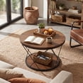 thumbnail image 4 of Finmind 2-Tier Solid Wood Round Coffee Table, 31.5" Industrial Circle Center Table with X-Shaped Metal Frame for Living Room, Rustic Brown and Black, 4 of 8
