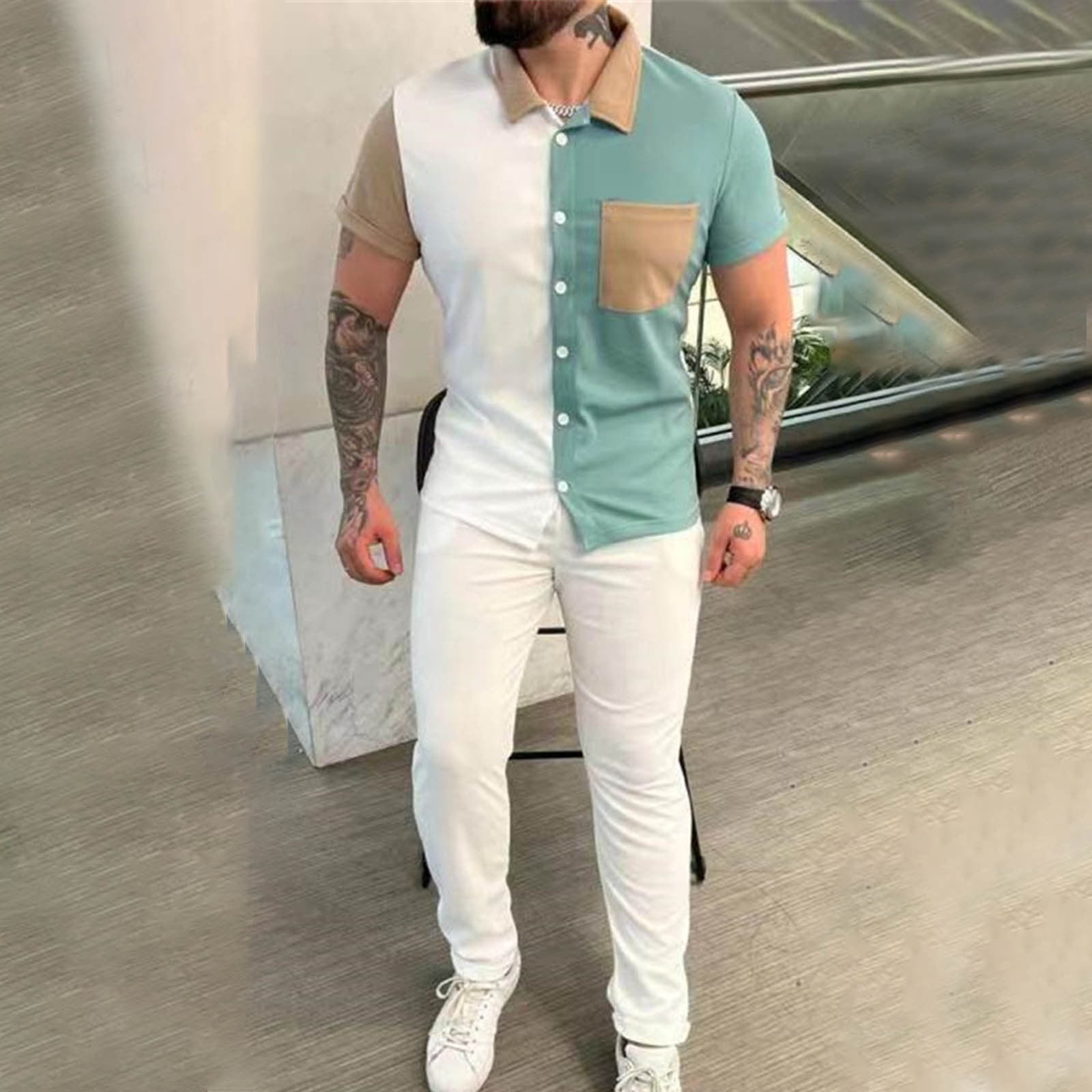 BiZtdJrK Men's 2 Piece Set Casual Short Sleeve Button Down