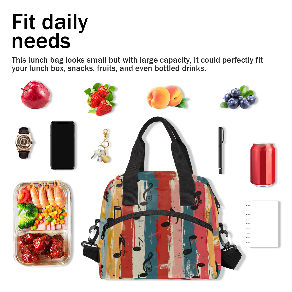 Herdesigns Music Themed Insulated Lunch Bag for Women Men Adults Large Reusable Lunch Box Musical Notes Leakproof Cooler Tote Bags with Adjustable Shoulder Strap