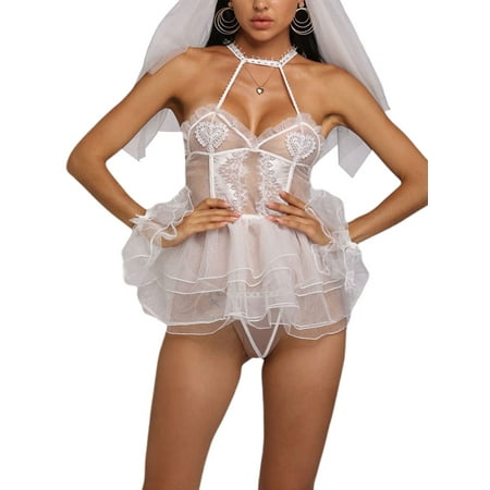 

Hopiumy Women Bride Cosplay Lingerie Babydoll Fancy Dress +Thong +Veil +Ruffle Cuffs Exotic Sets