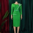 thumbnail image 3 of AURA Plus Size Belted Pencil Midi Dress High Waist Crewneck Long Sleeve Elegant Office Work Dress with Zipper, 3 of 10