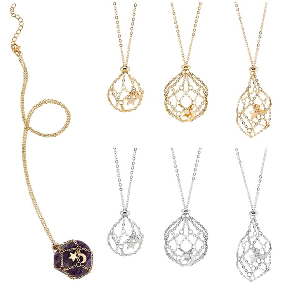 6pcs Holder Necklace 18K Gold Plated Necklace Chain 925 Sterling Silver Cage Necklace Adjustable Empty Stone Holder with Moon Star Charms for DIY Jewelry Golden and Platinum