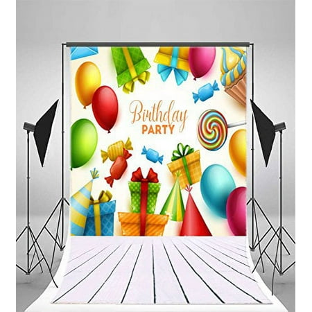 Image of GreenDecor Photography Birthday Party Backdrop 5x7ft Cartoon Balloons Gifts Candy Lollipop Wallpaper Strips Floor Background Children Kids Baby Portraits Video Studio Props
