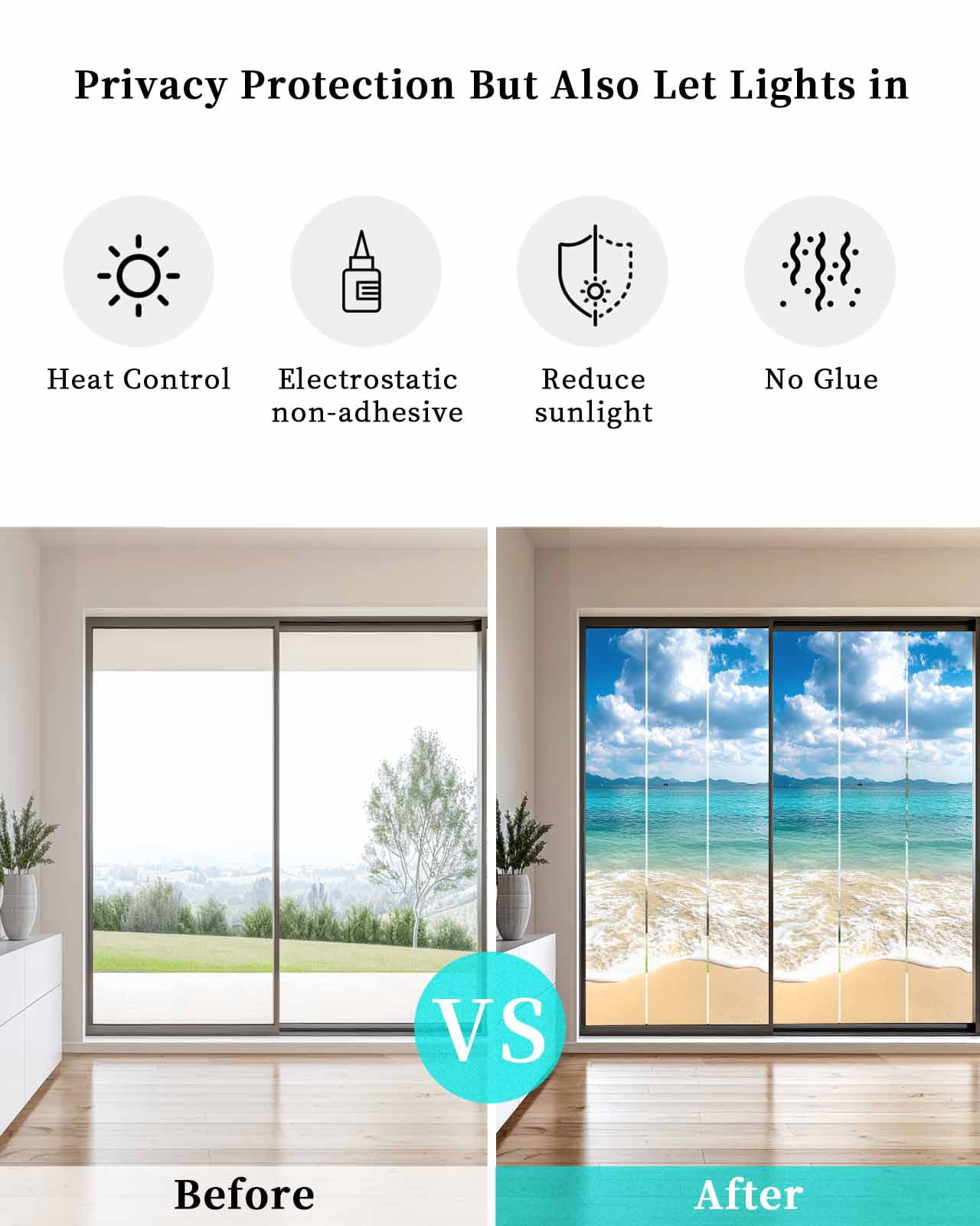 Window Privacy Film Ocean Beach Stained Glass Window Film Decorative Sun Block Window Cover Blue Sky Waves Sand Horizon Shore Summer Window Clings Static Adhesive Sticker for Bathroom 23.6"x59"