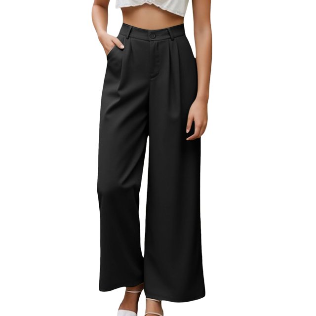 Pantalones de vestir de mujer de cintura alta y pierna ancha: pantalones informales de negocios con bolsillos, mezcla de poliéster y elastano, ropa de trabajo resistente a las arrugas
