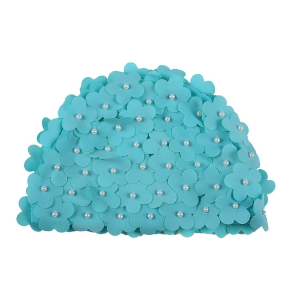 TELOLY 3D Vintage Floral Ladies Swim Cap,Women's Petal Retro Swimming Hat Flower Bathing Cap for Long/Short Hair,Light Blue