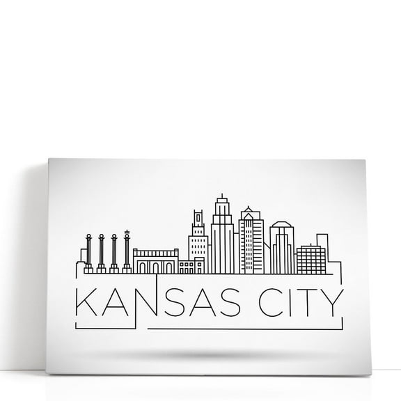 Minimal Kansas Linear City Skyline with Typographic Design - Wrapped Canvas Print Wall Art | 18" W x 12" H