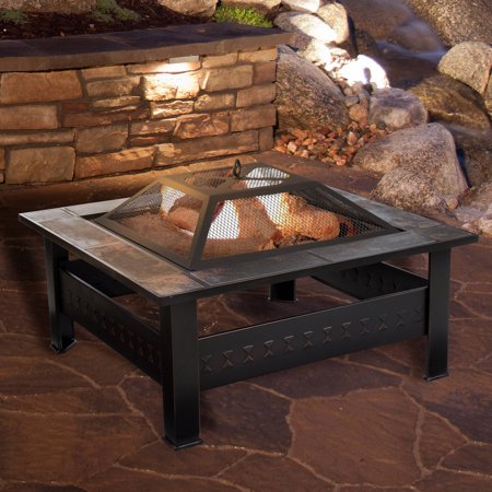 Marble Fire Pit Fire Pit Set, Wood Burning Pit -Includes Screen, Cover and Log Poker- Great for Outdoor and Patio, 32 Inch” Marble Tile Square Firepit by Pure Garden ()