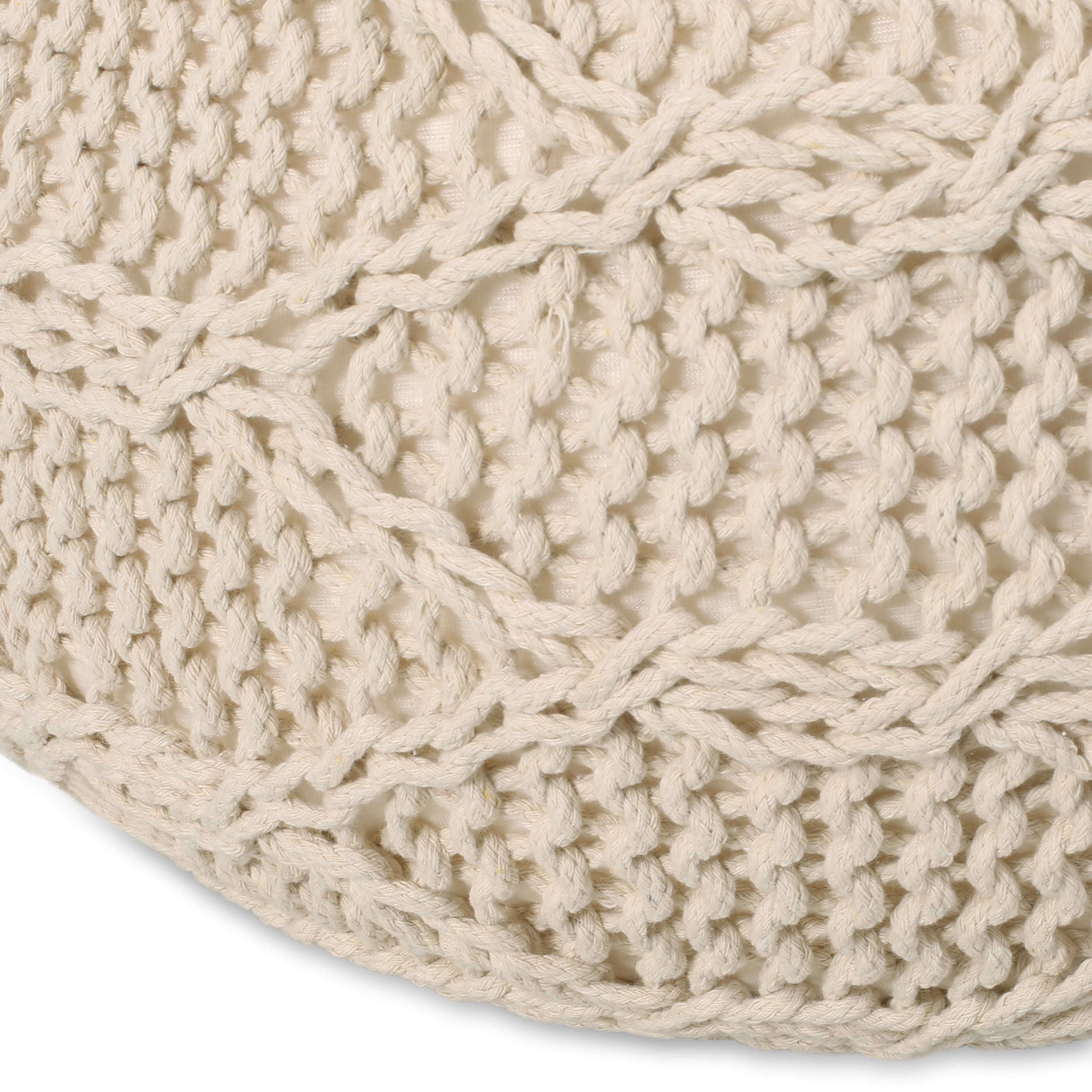 Desert Fields Maysville Cotton Knitted Round Pouf, Ivory, 20" x 14"