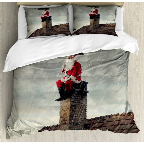 Christmas Duvet Cover Set Queen Size, Photo of Santa Sits on a Chimney with Umbrella in Heavy Rain, Decorative 3 Piece Bedding Set with 2 Pillow Shams, Vermilion Dark Taupe and Dusk, by Ambesonne