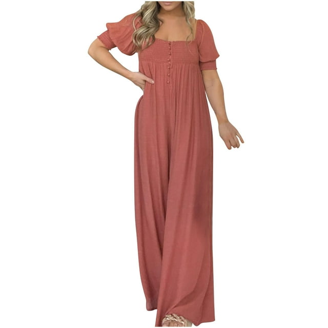 LSLJS Combinaison Décontractée à Jambes Larges pour Femmes, Couleur Unie, à Manches Courtes, avec Poches à Boutons, One Piece Combinaisons Cadeaux pour Femmes