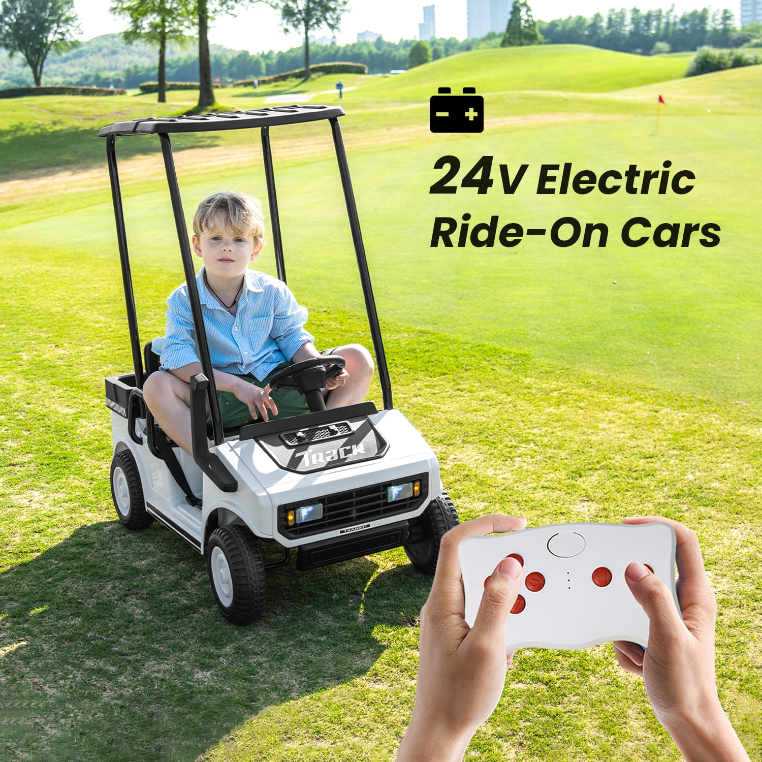 Track 7 24V Ride on Car, Electric Golf Cart with Ceiling, Ride on Truck with Remote Control, Music, Rear Storage Box, Electric Car for Boys Girls Age 3+, 18.5" Large Seat with Armrests, White